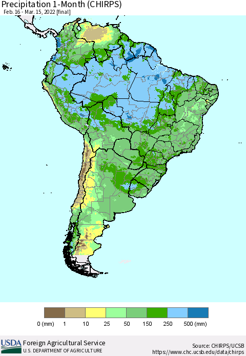 South America Precipitation 1-Month (CHIRPS) Thematic Map For 2/16/2022 - 3/15/2022