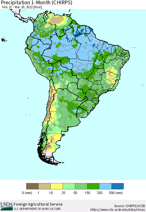 South America Precipitation 1-Month (CHIRPS) Thematic Map For 2/21/2022 - 3/20/2022