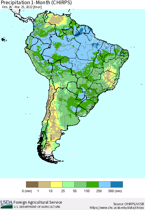 South America Precipitation 1-Month (CHIRPS) Thematic Map For 2/26/2022 - 3/25/2022