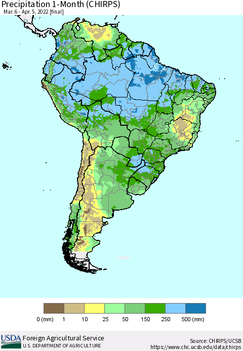 South America Precipitation 1-Month (CHIRPS) Thematic Map For 3/6/2022 - 4/5/2022