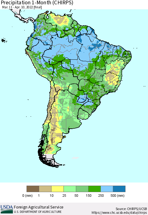 South America Precipitation 1-Month (CHIRPS) Thematic Map For 3/11/2022 - 4/10/2022