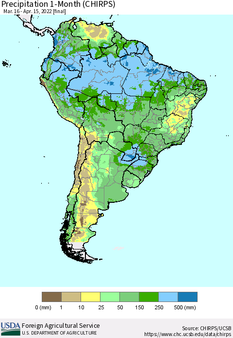 South America Precipitation 1-Month (CHIRPS) Thematic Map For 3/16/2022 - 4/15/2022