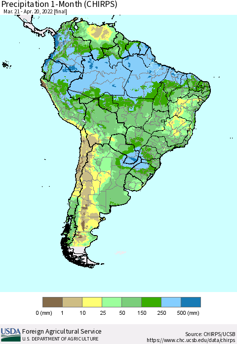 South America Precipitation 1-Month (CHIRPS) Thematic Map For 3/21/2022 - 4/20/2022