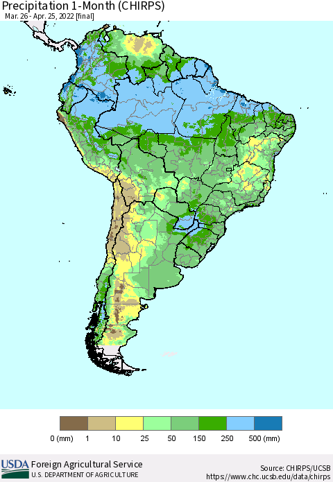 South America Precipitation 1-Month (CHIRPS) Thematic Map For 3/26/2022 - 4/25/2022