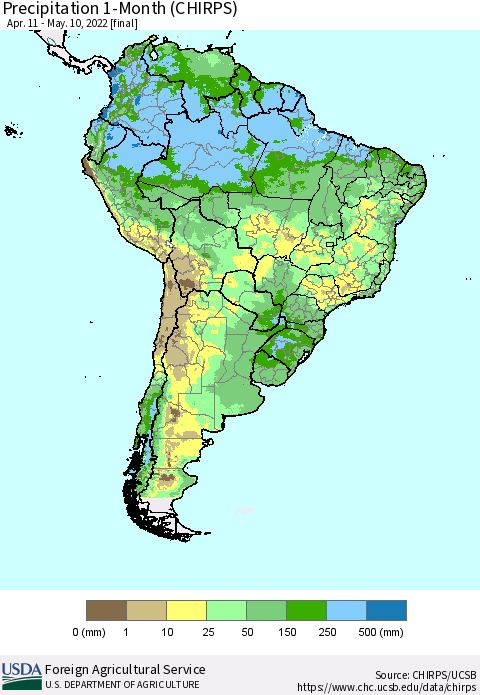 South America Precipitation 1-Month (CHIRPS) Thematic Map For 4/11/2022 - 5/10/2022