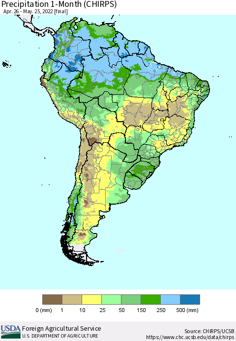 South America Precipitation 1-Month (CHIRPS) Thematic Map For 4/26/2022 - 5/25/2022