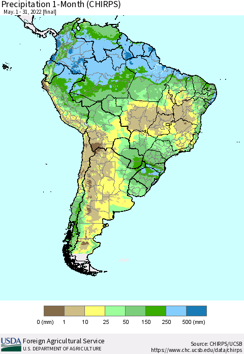 South America Precipitation 1-Month (CHIRPS) Thematic Map For 5/1/2022 - 5/31/2022