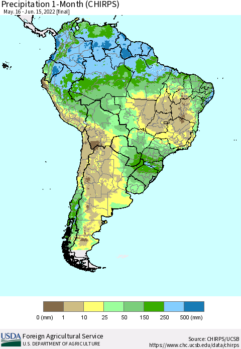 South America Precipitation 1-Month (CHIRPS) Thematic Map For 5/16/2022 - 6/15/2022