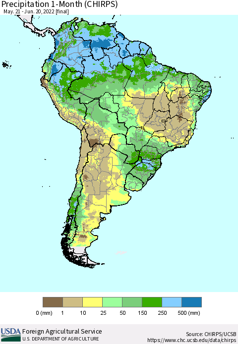 South America Precipitation 1-Month (CHIRPS) Thematic Map For 5/21/2022 - 6/20/2022