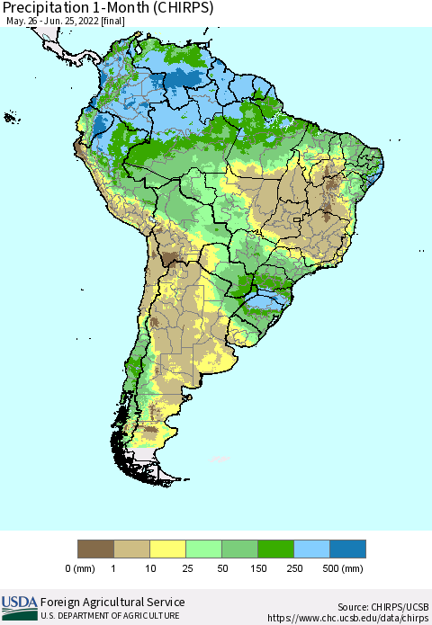 South America Precipitation 1-Month (CHIRPS) Thematic Map For 5/26/2022 - 6/25/2022