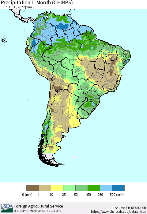 South America Precipitation 1-Month (CHIRPS) Thematic Map For 6/1/2022 - 6/30/2022