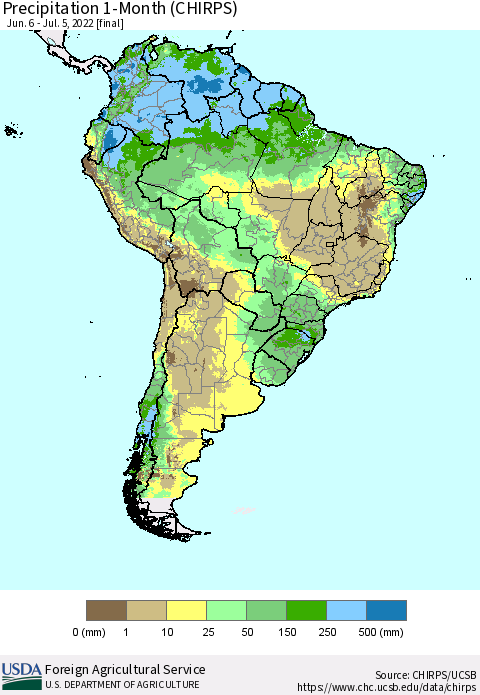 South America Precipitation 1-Month (CHIRPS) Thematic Map For 6/6/2022 - 7/5/2022