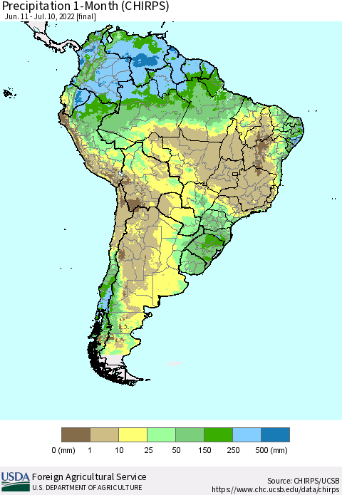 South America Precipitation 1-Month (CHIRPS) Thematic Map For 6/11/2022 - 7/10/2022