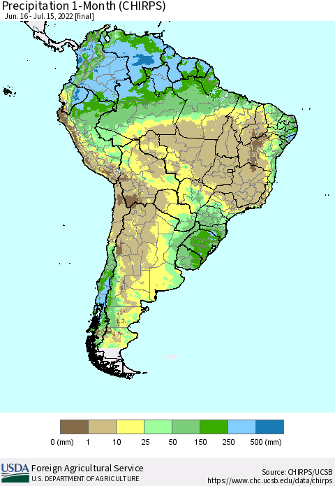 South America Precipitation 1-Month (CHIRPS) Thematic Map For 6/16/2022 - 7/15/2022