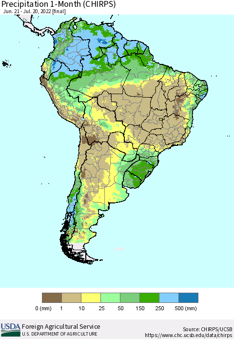 South America Precipitation 1-Month (CHIRPS) Thematic Map For 6/21/2022 - 7/20/2022