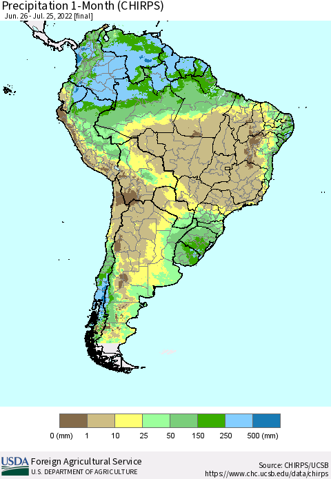 South America Precipitation 1-Month (CHIRPS) Thematic Map For 6/26/2022 - 7/25/2022