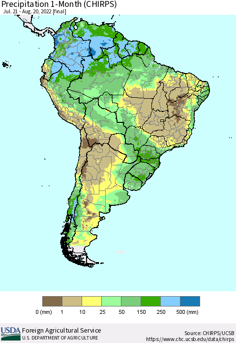 South America Precipitation 1-Month (CHIRPS) Thematic Map For 7/21/2022 - 8/20/2022