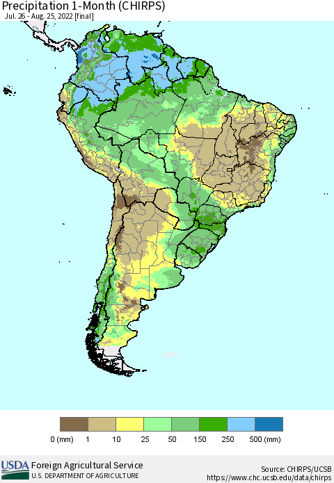 South America Precipitation 1-Month (CHIRPS) Thematic Map For 7/26/2022 - 8/25/2022