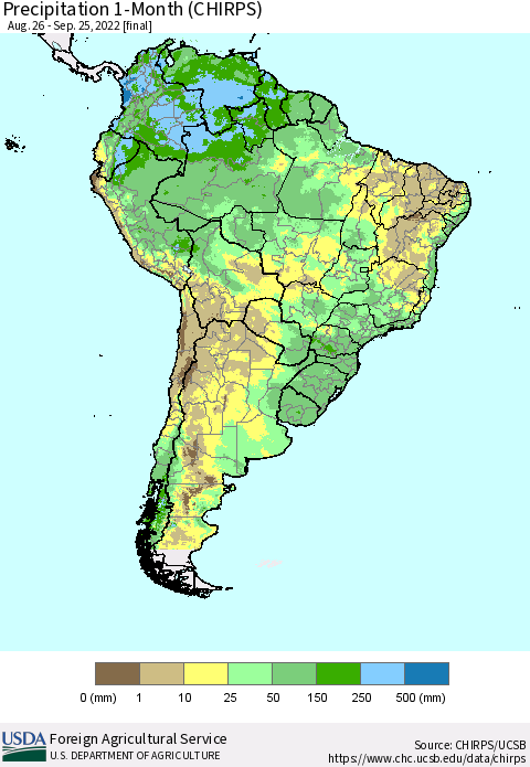 South America Precipitation 1-Month (CHIRPS) Thematic Map For 8/26/2022 - 9/25/2022
