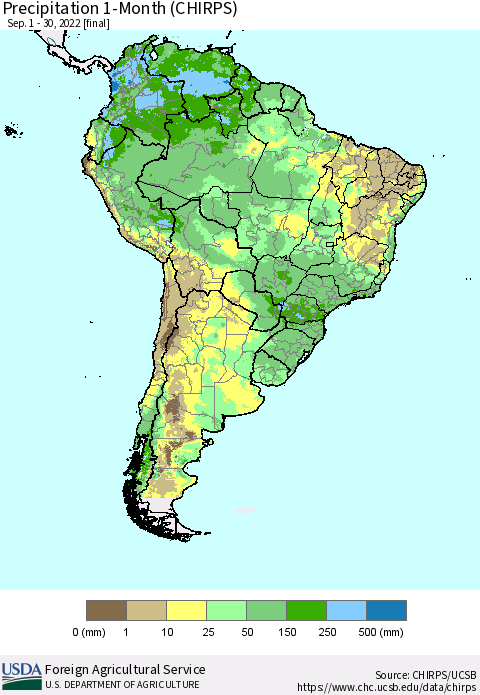 South America Precipitation 1-Month (CHIRPS) Thematic Map For 9/1/2022 - 9/30/2022