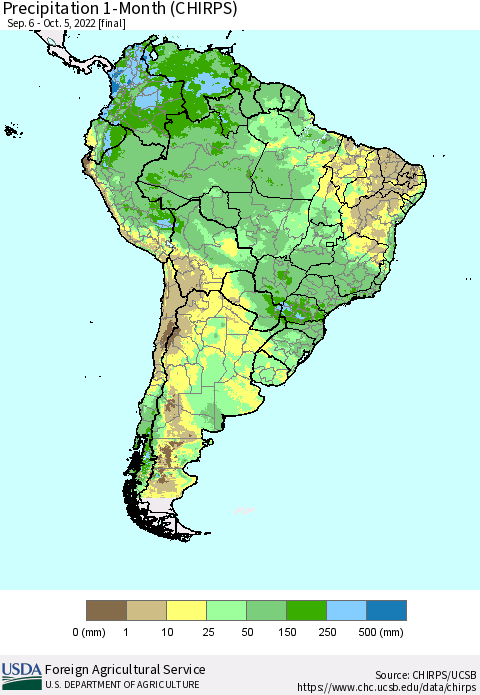South America Precipitation 1-Month (CHIRPS) Thematic Map For 9/6/2022 - 10/5/2022
