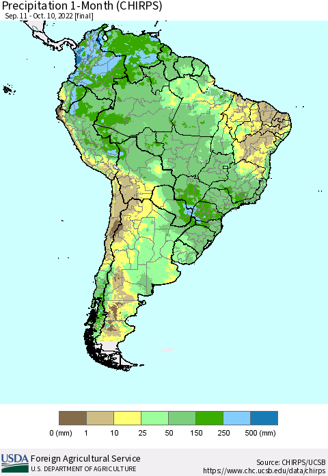 South America Precipitation 1-Month (CHIRPS) Thematic Map For 9/11/2022 - 10/10/2022
