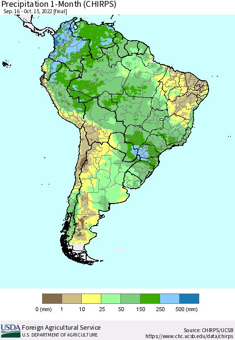 South America Precipitation 1-Month (CHIRPS) Thematic Map For 9/16/2022 - 10/15/2022