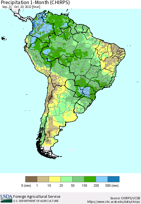 South America Precipitation 1-Month (CHIRPS) Thematic Map For 9/21/2022 - 10/20/2022