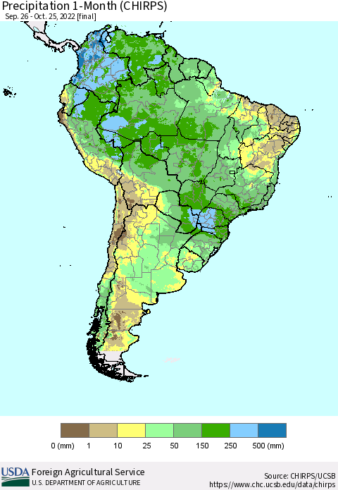 South America Precipitation 1-Month (CHIRPS) Thematic Map For 9/26/2022 - 10/25/2022