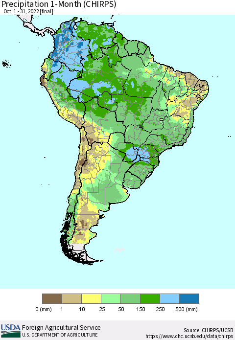 South America Precipitation 1-Month (CHIRPS) Thematic Map For 10/1/2022 - 10/31/2022