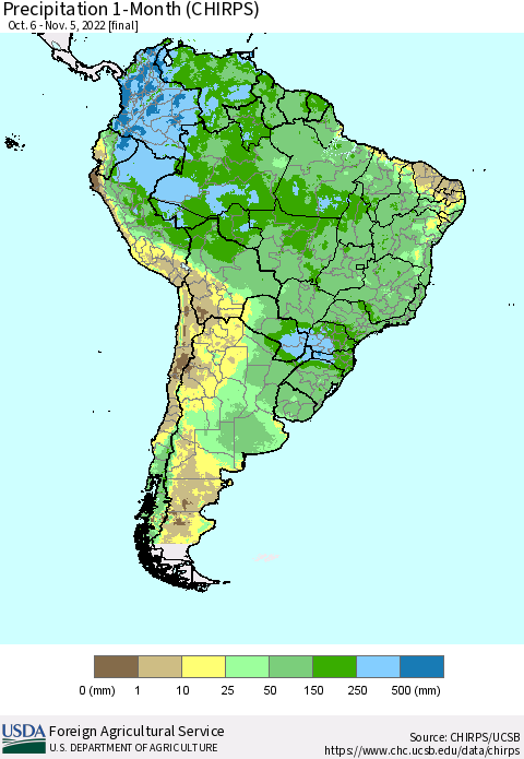 South America Precipitation 1-Month (CHIRPS) Thematic Map For 10/6/2022 - 11/5/2022