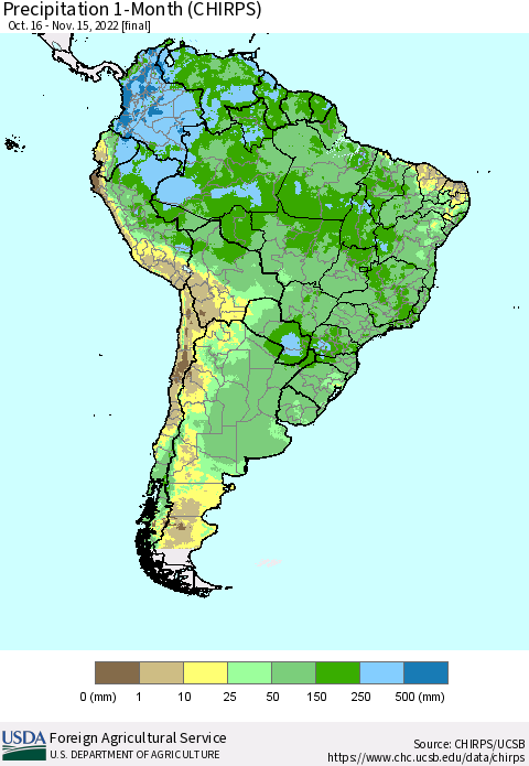 South America Precipitation 1-Month (CHIRPS) Thematic Map For 10/16/2022 - 11/15/2022
