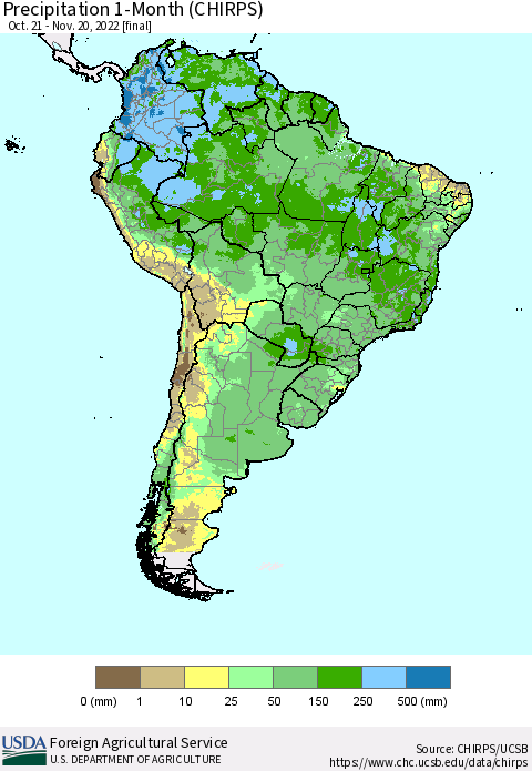 South America Precipitation 1-Month (CHIRPS) Thematic Map For 10/21/2022 - 11/20/2022