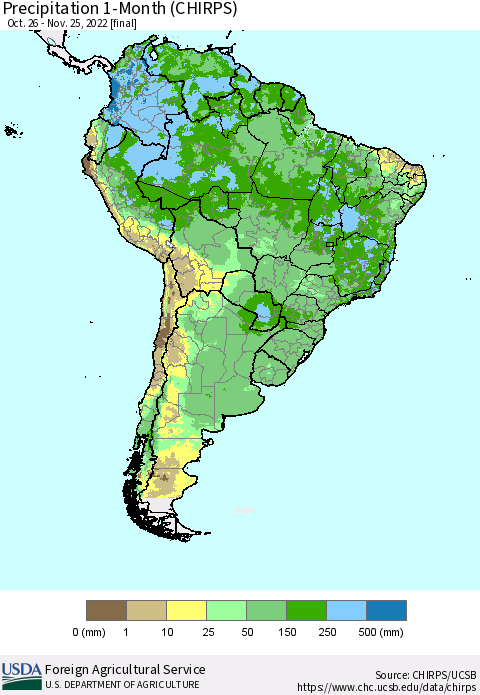 South America Precipitation 1-Month (CHIRPS) Thematic Map For 10/26/2022 - 11/25/2022