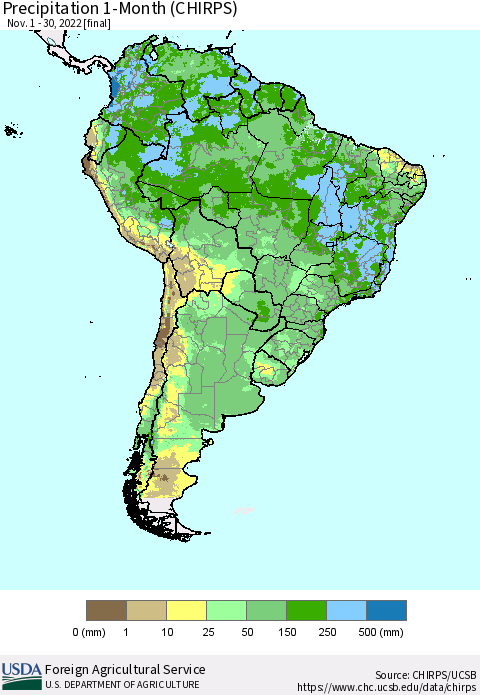 South America Precipitation 1-Month (CHIRPS) Thematic Map For 11/1/2022 - 11/30/2022