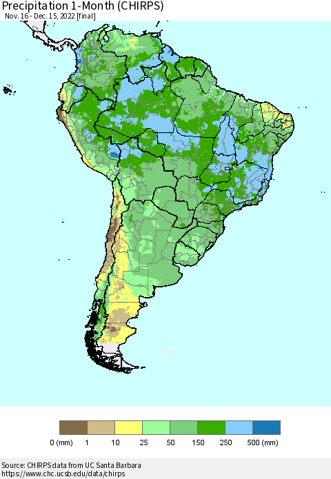 South America Precipitation 1-Month (CHIRPS) Thematic Map For 11/16/2022 - 12/15/2022