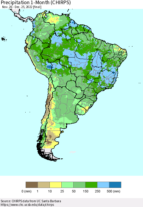 South America Precipitation 1-Month (CHIRPS) Thematic Map For 11/26/2022 - 12/25/2022