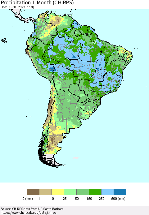 South America Precipitation 1-Month (CHIRPS) Thematic Map For 12/1/2022 - 12/31/2022