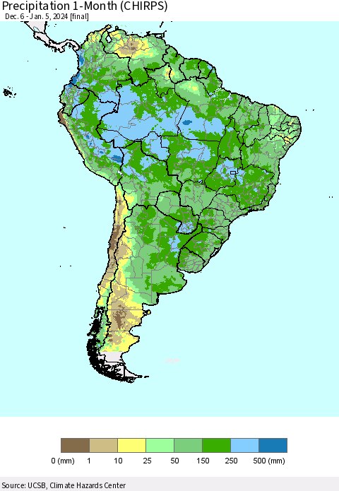 South America Precipitation 1-Month (CHIRPS) Thematic Map For 12/6/2023 - 1/5/2024