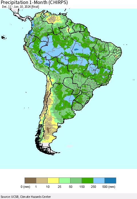 South America Precipitation 1-Month (CHIRPS) Thematic Map For 12/11/2023 - 1/10/2024