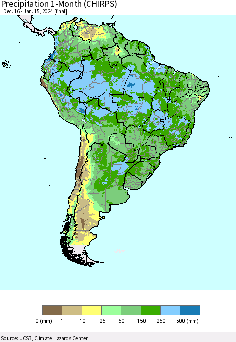 South America Precipitation 1-Month (CHIRPS) Thematic Map For 12/16/2023 - 1/15/2024