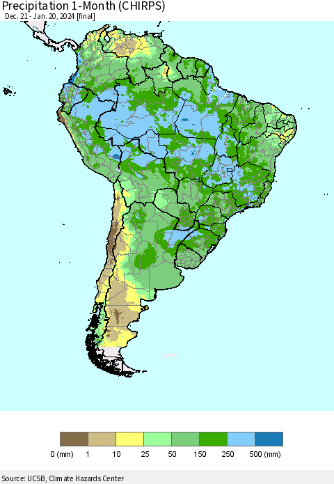 South America Precipitation 1-Month (CHIRPS) Thematic Map For 12/21/2023 - 1/20/2024
