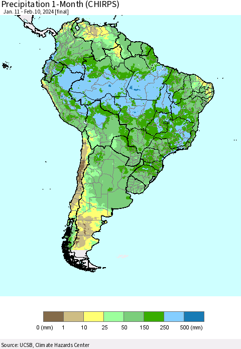 South America Precipitation 1-Month (CHIRPS) Thematic Map For 1/11/2024 - 2/10/2024