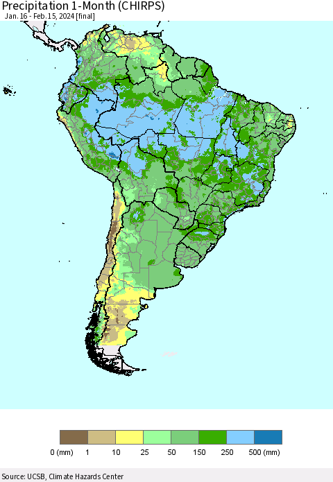 South America Precipitation 1-Month (CHIRPS) Thematic Map For 1/16/2024 - 2/15/2024