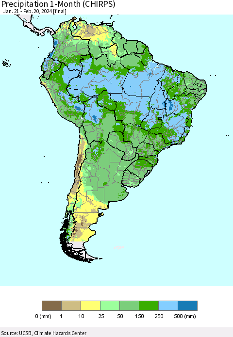 South America Precipitation 1-Month (CHIRPS) Thematic Map For 1/21/2024 - 2/20/2024