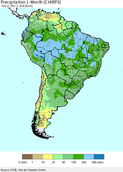 South America Precipitation 1-Month (CHIRPS) Thematic Map For 2/6/2024 - 3/5/2024