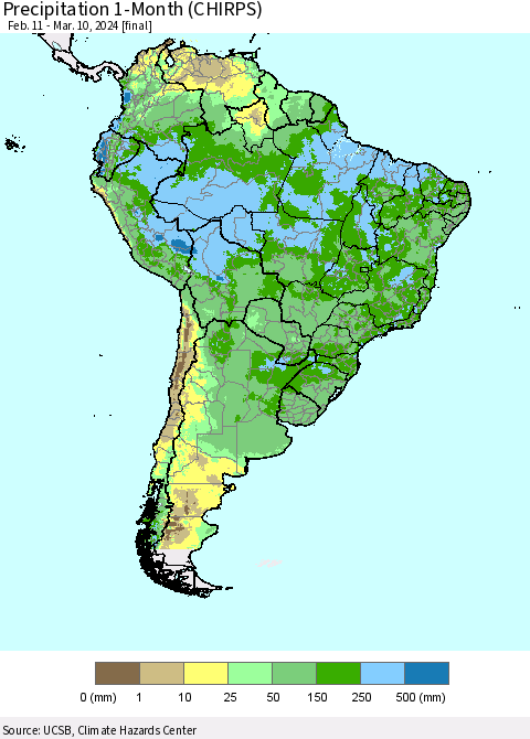 South America Precipitation 1-Month (CHIRPS) Thematic Map For 2/11/2024 - 3/10/2024