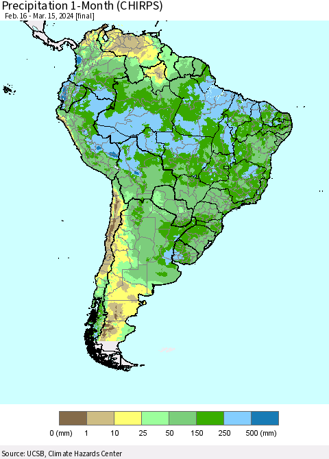 South America Precipitation 1-Month (CHIRPS) Thematic Map For 2/16/2024 - 3/15/2024