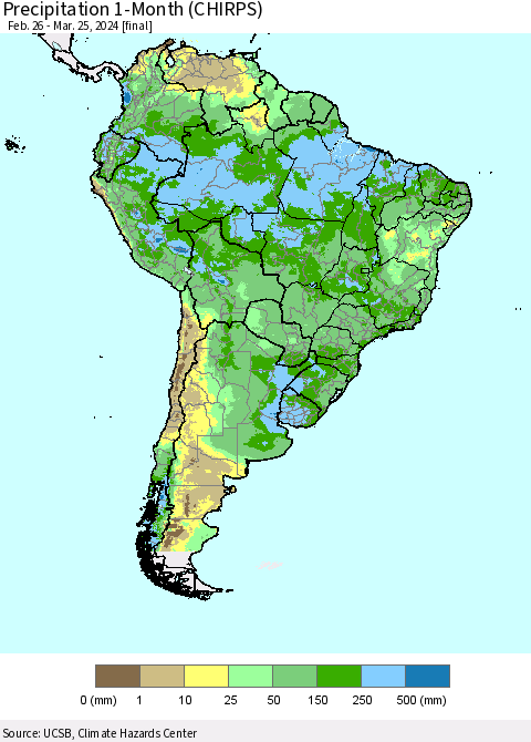 South America Precipitation 1-Month (CHIRPS) Thematic Map For 2/26/2024 - 3/25/2024