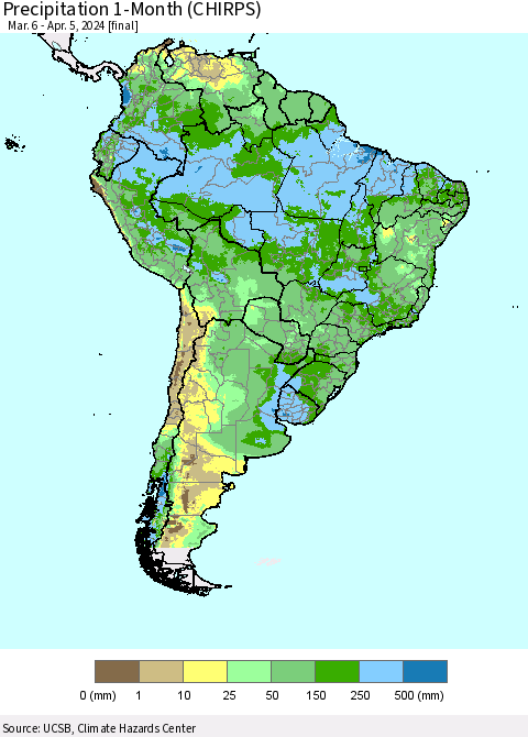 South America Precipitation 1-Month (CHIRPS) Thematic Map For 3/6/2024 - 4/5/2024
